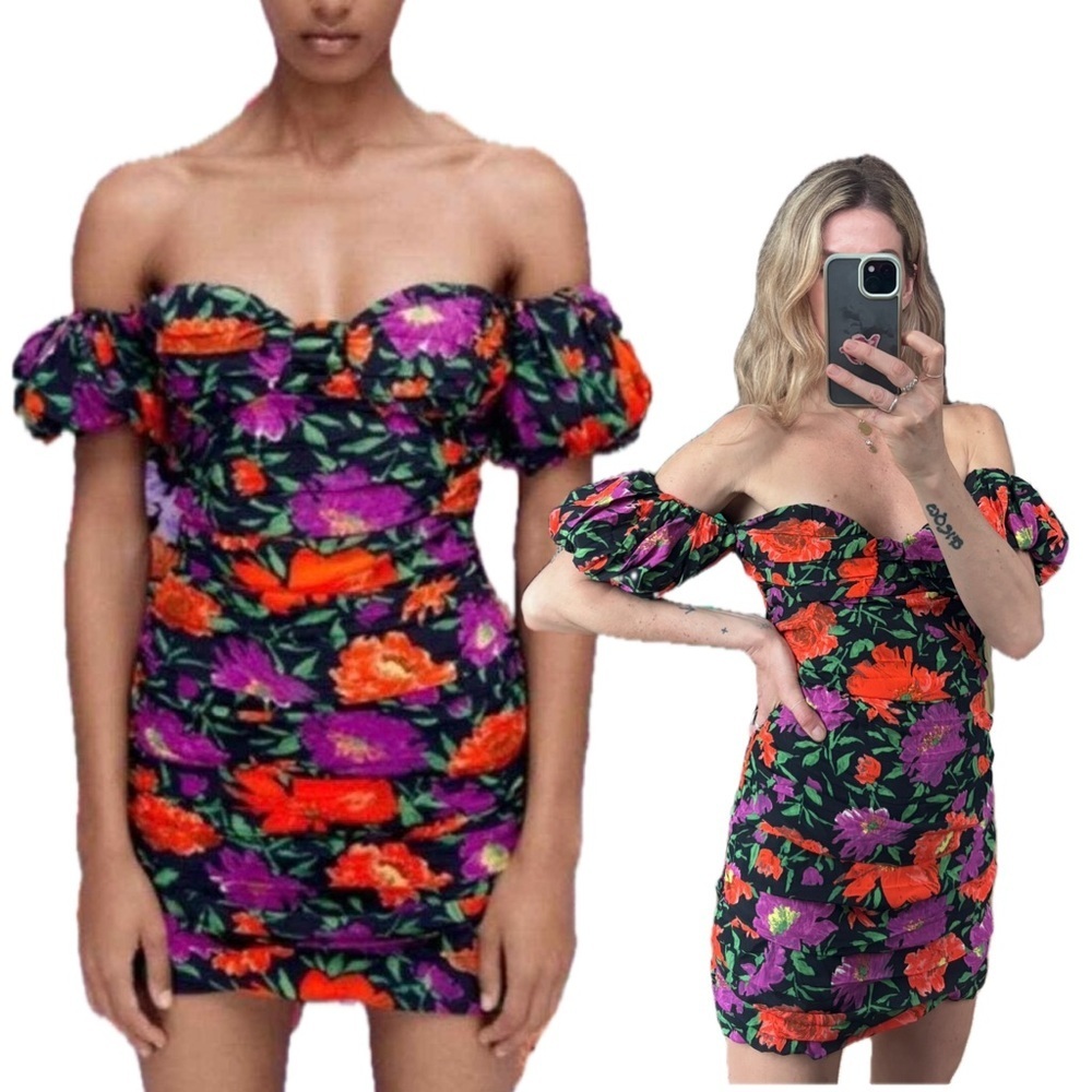 Zara Ruched Bardot Off Shoulder Puff Sleeve 80’s Inspired Floral Mini Dress